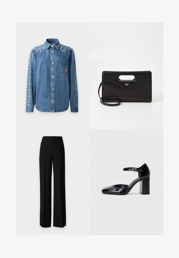 Cămașă din denim albastră, cu închidere pe butoane, un buzunar pe piept și un model decorativ pe mânecă. Dispune de butoane cu capse și un guler ascuțit.; Pantaloni negri cu picioare largi, cu o textură netedă, având o talie înaltă și pliseuri centrale. Fără modele vizibile sau detalii de hardware.; Pantofi cu toc înalt din piele lăcuită neagră, cu vârf pătrat, curea pentru gleznă și toc gros. Include detalii perforate de-a lungul marginii.; Geantă de mână neagră cu o formă structurală, dotată cu o mânere superioară, exterior din piele netedă și țesătură texturată cu tipare în dungi. Accente din aur.