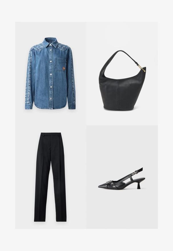 Blaue Denim-Bluse mit Knopfleiste, einer einzelnen Brusttasche und dekorativem Muster an den Ärmeln. Verfügt über Druckknöpfe und einen spitzen Kragen.; Schwarze Hosen aus glattem Stoff mit hoher Taille, weitem Bein, vorderen Falten und klassischen Gürtelschlaufen. Keine sichtbaren Seitentaschen.; Schwarzer Leder-Slingback-Schuh mit spitz zulaufender Zehenpartie, dekorativen Riemen mit METALLÖSEN und niedrigem Blockabsatz. Strukturelle Oberfläche.; Schwarze Lederhandtasche mit abgerundeter Form, breitem Tragegurt und strukturiertem Finish. Besitzt eine subtile Nahtdetails und einen Akzent aus goldfarbenem Metall.