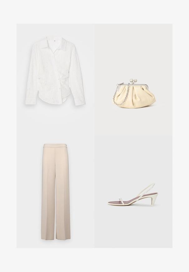 Chemise blanche à boutons avec un tissu en dentelle à motifs cachemire, manches longues, col et ourlet légèrement courbé.; Pantalons larges beiges en tissu lisse, dotés d'une taille haute et de plis avant discrets. Pas de poches ni de détails en matériel visibles.; Sandales blanches à talon léger avec des fines lanières et une texture en cuir lisse ; elles sont dotées d'une petite boucle décorative.; Pochette en cuir beige plissé avec un cadre en métal argenté, dotée de deux fermoirs ronds décoratifs et d'une chaîne en argent.