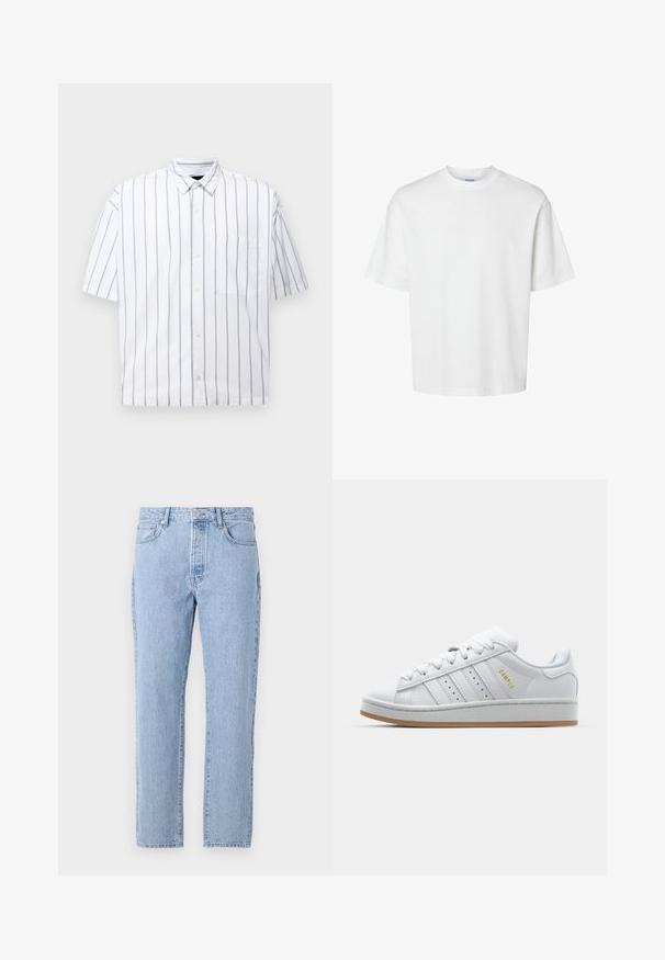 Lyhythihainen nappipaita valkoisena, jossa on ohuita pystysuoria harmaita raitoja. Sisältää rinnan taskun ja klassisen kauluksen. Sileä puuvillakangas.; Valkoinen puuvillapaita lyhyillä hihoilla, pyöreällä kaula-aukolta ja rentoa istuvuutta. Sujuva pinta ilman näkyviä kuvioita tai korostuksia.; Vaaleansiniset farkut suoranlahkeisella muotoilulla, viisi taskua ja nappisuljenta. Pehmeä pinta klassisella haalistuilla viimeistelyllä.; Valkoiset tennarit, joissa on läpikuultava kolmiraidallinen muotoilu, tekstuuriset korostukset, kumipohja ja kultainen "CAMPUS" -logo sivulla.