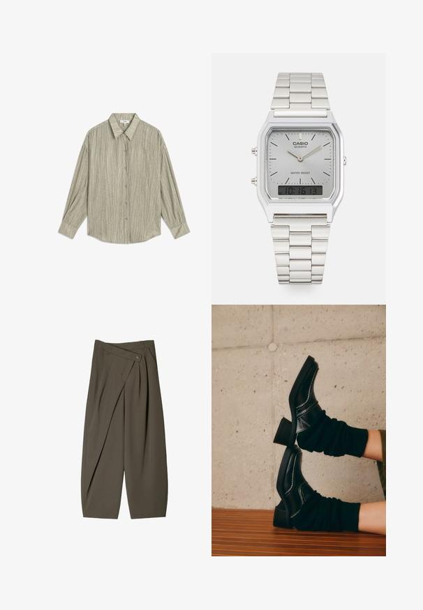Helles grünes Hemd mit Knopfleiste aus strukturiertem Stoff. Verfügt über einen spitzen Kragen und lange Ärmel mit geknöpften Manschetten. Dünne vertikale Streifen.; Weite Hose aus dunkelolivgrünem Stoff mit einem gefältelten Vorderdesign, einem Knopfverschluss und einer glänzenden, strukturierten Oberfläche.; Schwarze Lederstiefeletten mit weißer Naht, Blockabsätzen und gerafften schwarzen Socken, die auf einer Holzoberfläche vor einer Betonwand ruhen.; Silberne Casio Quarzuhr mit rechteckigem Ziffernblatt, analogem und digitalem Display, Edelstahlarmband und wasserdichten Eigenschaften.