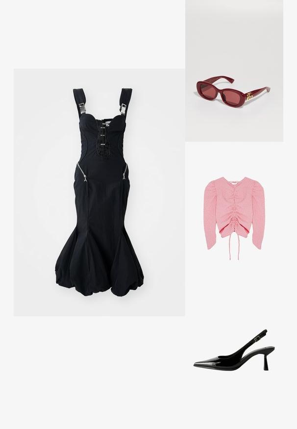 Pink and white gingham check long-sleeve blouse with ruched front and adjustable drawstring ties at the bottom hem.; Black dress with structured bodice, adjustable straps, zippered side pockets, and flared bottom hem. Smooth fabric with a slight sheen.; Black patent leather slingback pump with a pointed toe, cutout sides, adjustable ankle strap, and a thin, sleek heel.; Red plastic sunglasses with rectangular frames, tinted lenses, and a gold logo accent on the temples. Smooth, glossy finish.; Black flower choker collar made of layered petals, worn with a black ribbed tank top featuring silver accents along the neckline and shoulders.