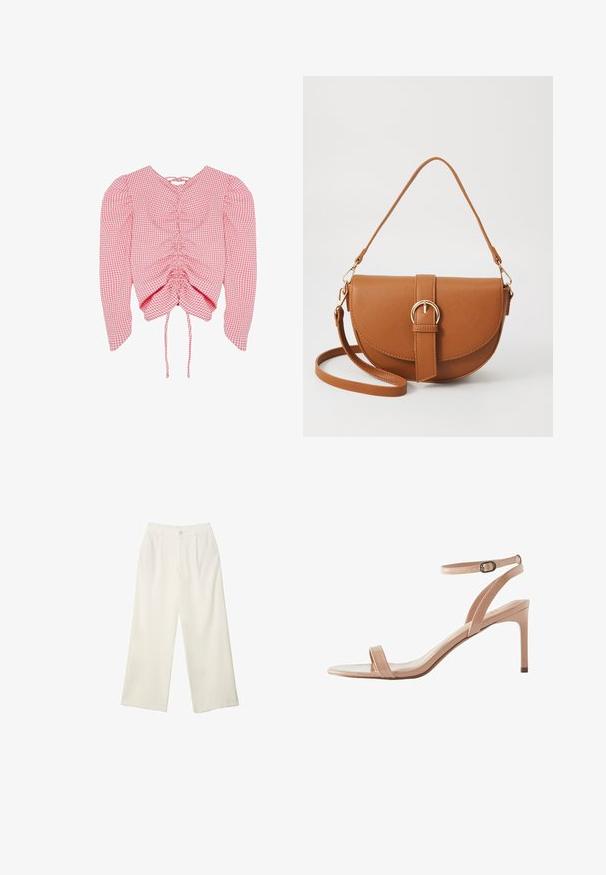Rosa und weiße Karobluse mit langen Ärmeln, gerafftem Vorderteil und verstellbaren Kordelzügen am unteren Saum.; Helle Stoffhose mit weitem Bein und glatter Textur, ausgestattet mit einem einzelnen Knopf vorne, dezenten Falten und einem Hochbund-Design.; Next FOREVER COMFORT SIMPLE - Riemensandalette - nude; Braune Leder-Crossbody-Tasche mit geschwungener Form, goldfarbenen Beschlägen und einer Schnallenakzentuierung. Verfügt über einen abnehmbaren Schultergurt.