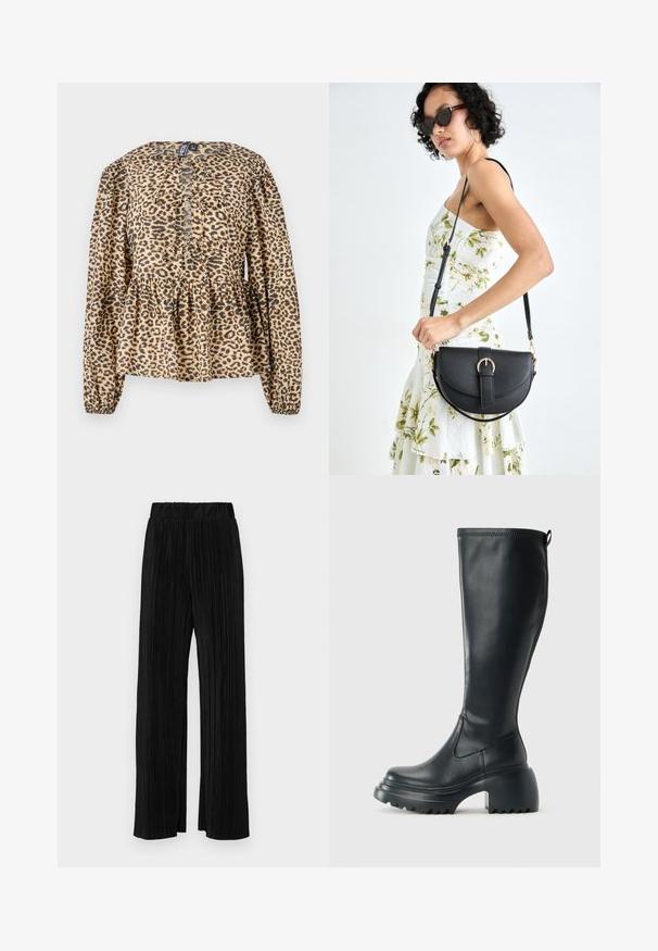 Blusa de padrão de leopardo em castanho claro e preto, com decote franzido, mangas longas com punhos elásticos e uma bainha em peplum.; Calças pregueadas pretas com uma cintura elástica. Apresentam pernas largas e um tecido liso, texturizado com riscas verticais.; Bota preta de couro alta com sola de plataforma robusta e salto bloco, apresentando puxador e padrão texturizado na sola.; Bolsa de couro preta com forma curva, alça destacável e detalhes em dourado. A bolsa possui uma aba com detalhe de fivela.