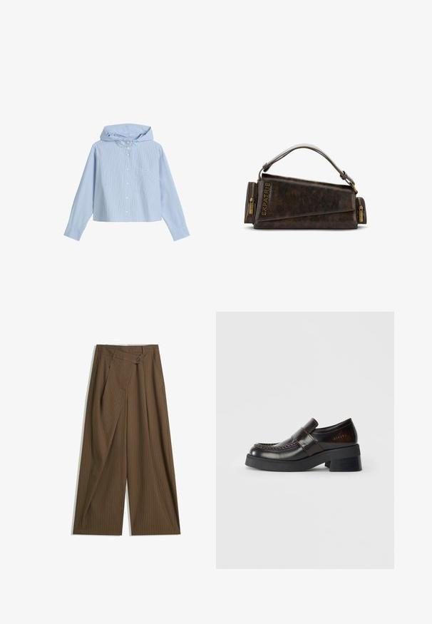Cropped button-up shirt with a hood, featuring light blue and white vertical stripes, a chest pocket, and long sleeves with buttoned cuffs.; Brown wide-leg trousers with thin white pinstripes, high waist, front button closure, and wrap-style overlay panel.; Brown leather loafers with a chunky black heel, featuring a stitched design and a strap across the upper for added detail.; Brown leather handbag with a geometric design, featuring a top handle and brass zipper accents. Logo embossed on the side.; Gold-tone Fossil watch with a textured off-white dial, thin hour markers, and a crown. Features a rounded case with a ribbed bezel.