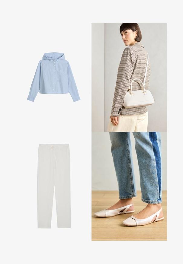 Kort jasje met knoopsluiting en capuchon, met lichtblauwe en witte verticale strepen, een borstzak en lange mouwen met knopenmanchetten.; Witte, op maat gemaakte broek met een rechte pijpdesign, featuring een knoopsluiting, riemlussen en zijzakken; gladde stoftextuur.; Zachtroze slingback ballerina's met een spitse neus, gemaakt van een glad leerachtig materiaal. Bevat uitsnijdingen aan de zijkanten en heeft een platte hak.; Witte gestructureerde handtas met korte handvatten en een schouderband, voorzien van gouden hardwareaccenten en een textuurmateriaal, tentoongesteld tegen een grijze achtergrond.