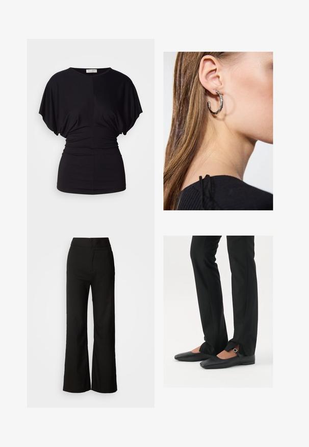 Juodas trumpomis rankovėmis viršus su laisvu siluetu, susirinkusiu liemeniu ir lygiu paviršiumi. Savybės: apvalus iškirpimas ir švelni medžiaga.; Juodos plačios kelnės su lygiu paviršiumi, aukšta liemeni, ir švariu dizainu. Nėra matomų kišenių ar papuošimų.; Juodų odinių balerinų batų su smailiu priekiu, juostele su sidabro sagtimi, derinami su juodomis pritaikytomis kelnėmis, turinčiomis plyšinį hemą.; Sidabrinė lankinė auskarai su poliruotu paviršiumi, turintys mažus auksinius akcentus ir apvalią formą, dėvimi ant ausies kaušelio.