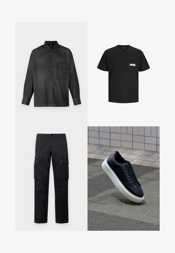 Camicia in denim scuro con bottone frontale, colletto a punta, taschino singolo sul petto e maniche lunghe. Presenta cuciture visibili e un fit rilassato.; T-shirt in cotone nero con maniche corte, colletto rotondo e stampa bianca del logo sul lato sinistro del petto. Texture liscia, vestibilità classica.; Pantaloni cargo neri con multiple tasche, tasca con zip sulla coscia, vestibilità dritta e in resistente cotone con un leggero lucido.; Sneaker in pelle nera con punta arrotondata e suola in gomma bianca. Presenta lacci piatti e cuciture minime sulla parte superiore. Suola testurizzata per una migliore aderenza.