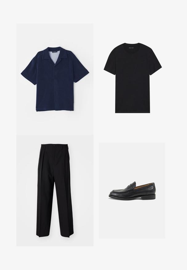 Marinblå kortärmad skjorta av mjukt tyg. Har en nedvikt krage och en knappstängning framtill. Slät textur utan mönster.; Svart bomullströja med korta ärmar och rund halsringning. Tyget har en slät yta och en enkel, enfärgad design.; Svarta plisserade byxor med en rak, bred bendesign. Tillverkade av ett slätt tyg, med knäppning fram och bälteshällor.; Svarta läder loafers med en slät ytfinish, rund tå och dekorativ sömnad på vampen. Låg staplad klack och lätt glans.