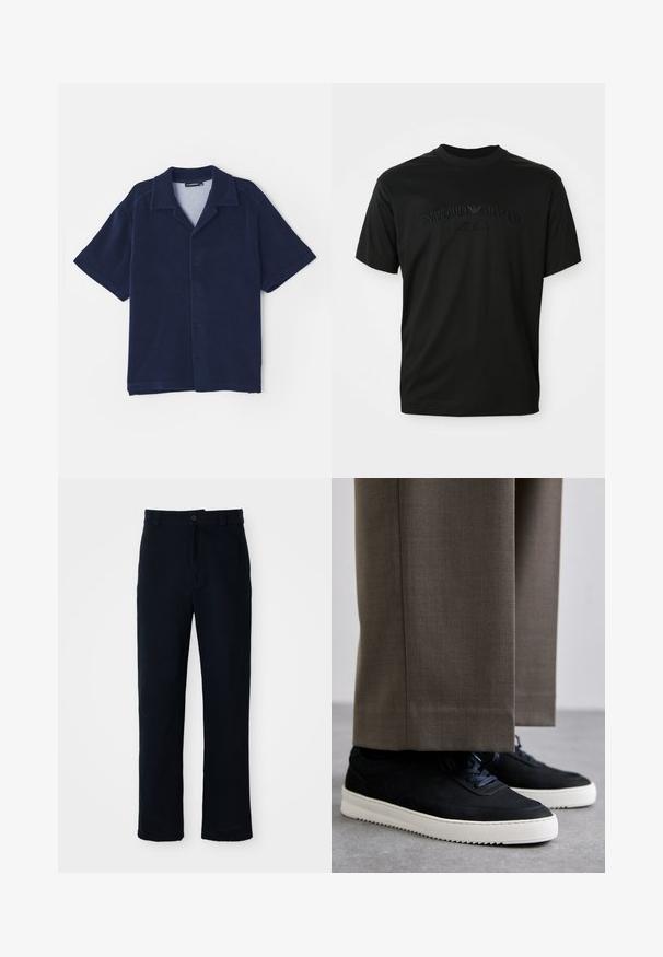 Chemise bleu marine à manches courtes en tissu doux. Dotée d'un col à rabats et d'une fermeture frontale à boutons. Texture lisse sans motifs.; T-shirt noir à manches courtes avec col rond, arborant un logo brodé ton sur ton "Emporio Armani Milano" à l'avant. Texture lisse.; Pantalon bleu marine en coton, avec une coupe droite, une fermeture à bouton à l'avant et une taille classique avec passants de ceinture.; Baskets en daim noir avec des semelles en caoutchouc blanc, dotées d'un bout arrondi et de lacets, portées avec un pantalon gris sur mesure.