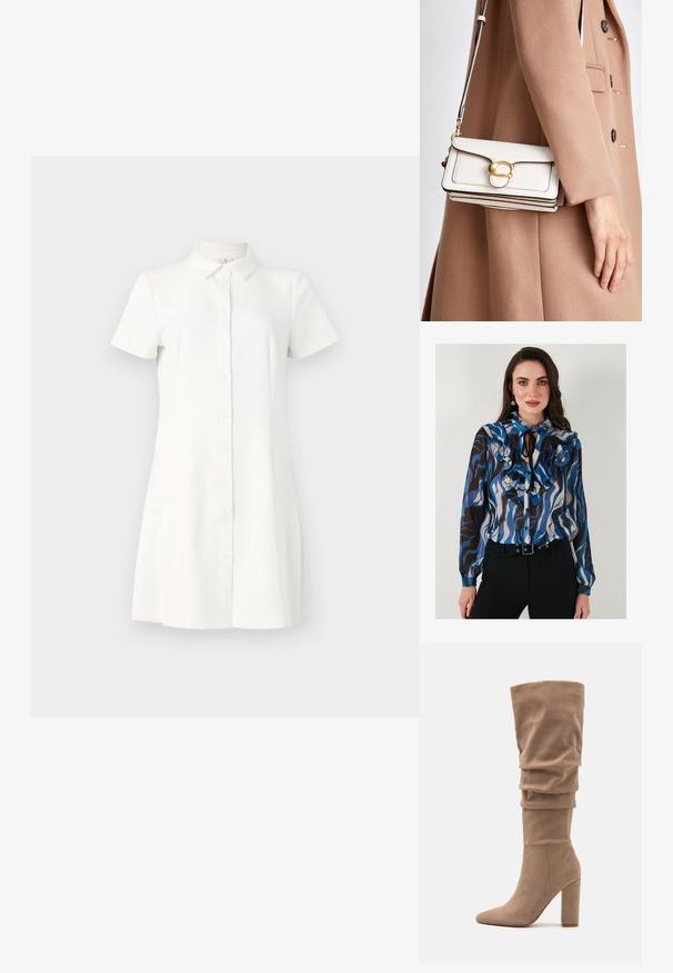 Pikkade varrukatega pluus, millel on lainemuster sinise, pruuni ja kreemikärgusse. Omab nööpidega eesmist osa ja kaela seotavat rihma.; Lühikeste varrukatega nööbiga kleit valgest kangast. Omab kraed, laiendunud helmik ja kahte küljetaskut. Sile tekstuur klassikalise disainiga.; Anna Field Saapad - beige; Valge nahast õlavarre kott kuldse klambriga, millel on struktureeritud disain, kontrastsed servad ja õhuke reguleeritav rihm.