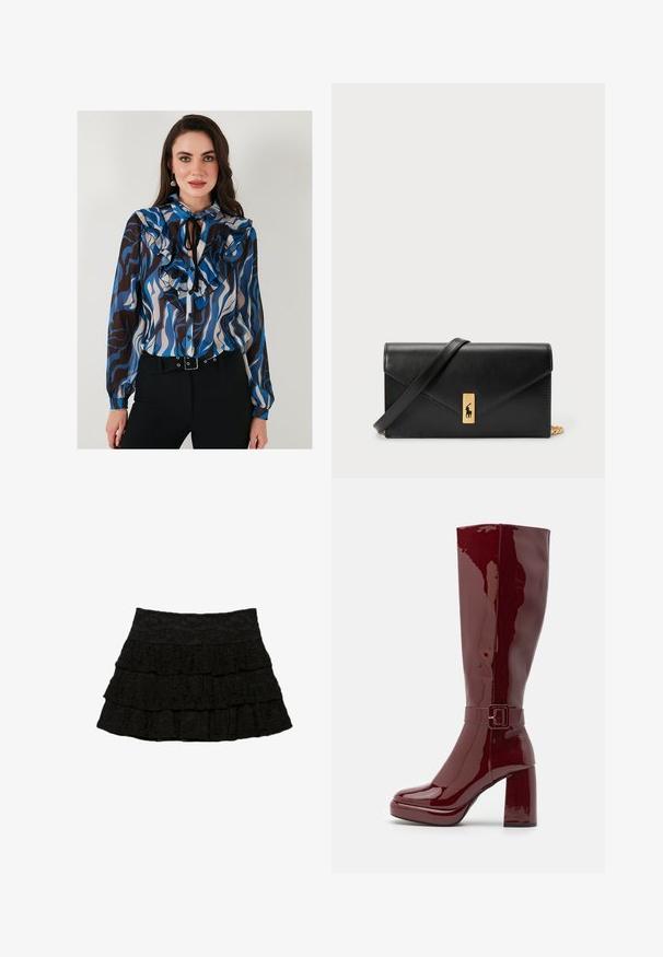 Long-sleeve blouse with ruffled details in blue, brown, and cream wave patterns. Features button-down front and a neck tie.; Black tiered skirt featuring three layers of ruffles with a textured floral pattern. Elastic waistband for comfort and fit.; Even&Odd Wide Fit High heeled boots - red; Black leather wallet with a fold-over flap, gold hardware, featuring a logo accent. Includes a detachable strap for carrying.