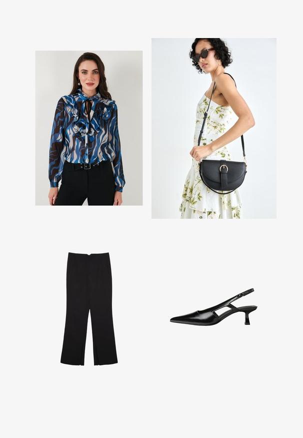 Blusa a maniche lunghe con dettagli arricciati in motivi a onda blu, marrone e crema. Presenta un'apertura con bottoni davanti e un nodo al collo.; Pantaloni neri a gamba dritta, con tasche frontali e spacchi laterali all'orlo. Realizzati in tessuto morbido e liscio. Adatti a diverse occasioni.; Tacchi slingback in pelle verniciata nera con punta affusolata, design con tagli laterali e tacco quadrato piccolo. Texture liscia con dettagli minimi.; Borsa a tracolla nera in pelle con una forma curva, manico rimovibile e accessori dorati. La borsa presenta una patta con un dettaglio a fibbia.