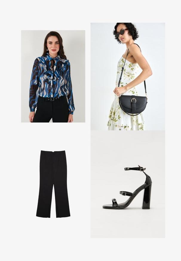 Bluza z dolgimi rokavi z nabranimi detajli v modrih, rjavih in kremnih valovnih vzorcih. Ima zapiranje s gumbi na sprednji strani in kravato za vrat.; Črne hlače ravnega kroja z naglavnimi žepi in stranskimi razporki na robu. Narejene iz mehke, gladke tkanine. Primerne za različne priložnosti.; Črne lakirane sandale s peto, kvadratnim prstom, trakovi okrog gležnja in srebrnimi zaponkami. Opremljene so s stabilno Debelo peto.; Črna usnjena torbica s ukrivljeno obliko, z odstranljivo naramnico in zlatimi dodatki. Torbica ima pokrov s podrobnostmi v obliki zaponke.
