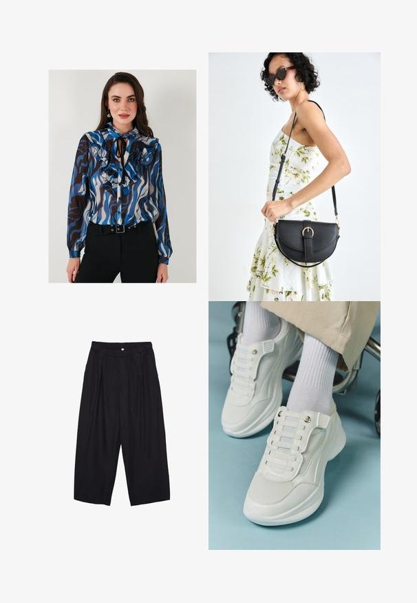 Langarmbluse mit Rüschendetails in Blau-, Braun- und Creme-Wellenmustern. Mit Knopfleiste vorne und Bindeband am Hals.; Schwarze Polyester-Culotte mit einem elastischen Bund, zwei vorderen Falten und einer lockeren Silhouette. Keine sichtbaren Muster oder Hardware-Details.; Weiße Sneaker aus Mesh-Material, mit Gummisohle, schnürfreiem Design mit elastischen Bändern und goldfarbenen Akzenten.; Schwarze Lederhandtasche mit geschwungener Form, abnehmbarem Tragegurt und goldenen Beschlägen. Die Tasche verfügt über einen Deckel mit einer Schnallen-Details.