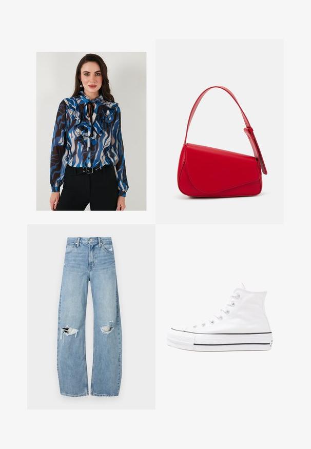 Ilga piedurkne blūze ar ruffled detaļām zilu, brūnu un krēmkrāsu viļņu rakstos. Iekļauj pogu aizdari priekšā un kakla saiti.; Gaiši zili, augstās vidukļa džinsi, kas izgatavoti no denima. Iespējas plašas kājas, divas plēstas ceļa daļas un klasiskā piecu kabatu dizains.; Balti augstie kanvas sporta apavi ar melnu gumijas zoli, priekšējo gumijas purngalu un sešām acīm lencēm, kuriem ir tīrs, minimālistisks dizains.; Sarkans ādas rokassomi ar stūrainu, ģeometrisku dizainu. Iekļauj vienu regulējamu siksnu un vāku ar izšūtu detaļu.