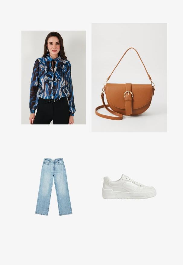 Halenka s dlhými rukávmi s volánovými detailmi v modrých, hnedých a krémových vlnových vzoroch. Obsahuje gombíkovú prednú časť a viazanie na krku.; Svetlomodré džíny s širokými nohavicami a vysokým pásom, so zosvetlenou úpravou a malými, rozptýlenými poškodenými detailmi po celom obvode.; Biele kožené tenisky s hladkým povrchom, polstrovaným členkom a perforovanou špičkou. Majú mierne zvýšenú gumovú podrážku a šnurovací dizajn.; Hnedá kožená kabelka cez telo s zakriveným tvarom, zlatými kovovými doplnkami a akcentom s prackou. Obsahuje odnímateľný ramenný popruh.