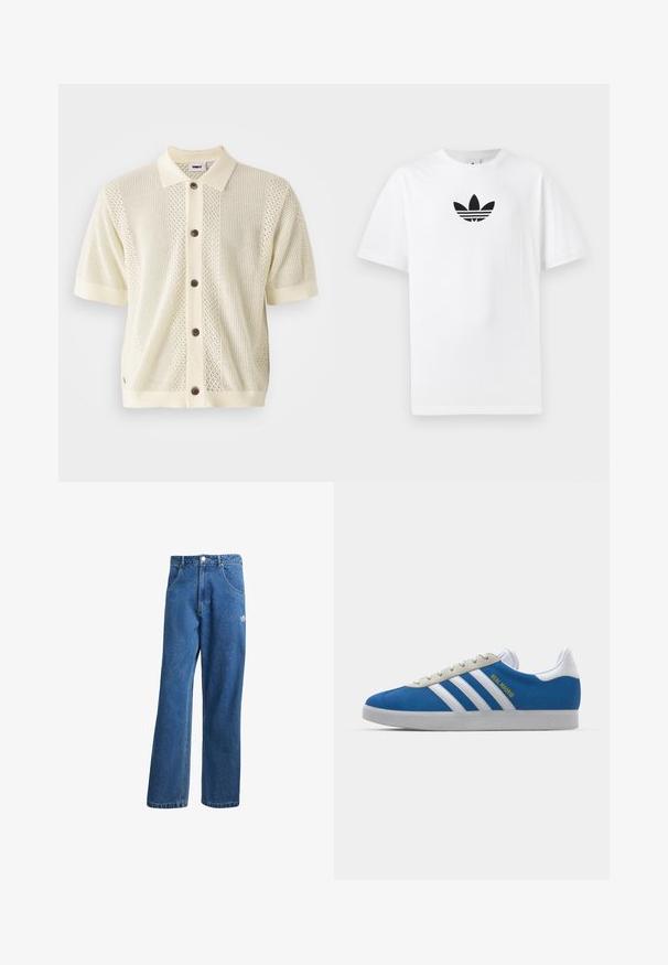 Krátký rukáv pletený cardigan v jemně žluté barvě s kontrastním pevným límcem, pěti hnědými knoflíky a texturovanými vzory na přední části.; Bílá bavlněná tričko s černým logem Adidas uprostřed. Krátký rukáv a design s kulatým výstřihem. Hladká textura.; Modré vysoké široké džíny s vysokým pasem, předními kapsami, poutky na opasek, knoflíkovým zapínáním a malým logem Adidas na pravém stehně.; adidas Originals ADIDAS GAZELLE SHOES - Sálové kopačky - real madrid/bluebird/footwear white/crew yellow