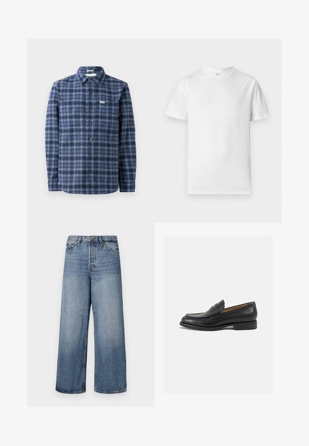 Camisa de cuadros azul marino con botones, hecha de tela tejida, con cuello clásico, mangas largas y puños de tres botones.; Camiseta blanca de manga corta, hecha de algodón suave. Presenta un cuello redondo y un dobladillo recto con un detalle mínimo.; Jeans de denim azul de pierna ancha con un lavado descolorido, diseño de cinco bolsillos y cierre de botón. Equipados con trabillas y detalles de costura.; Mocasines de cuero negro con un acabado suave, punta redondeada y costuras decorativas en la parte superior. Tacón bajo apilado y un ligero brillo.