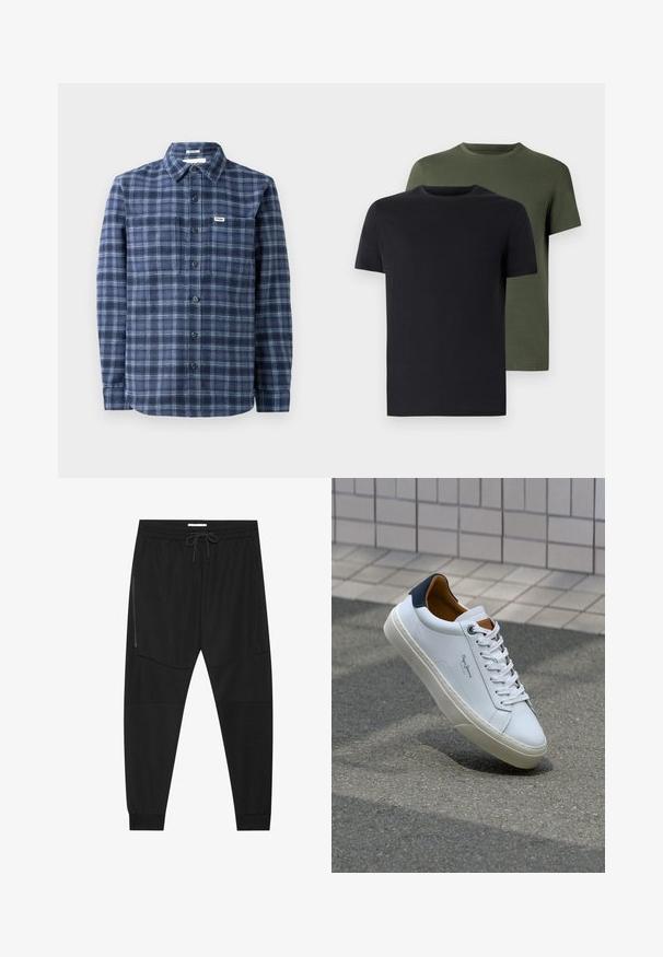 Marineblauwe geruite overhemden, gemaakt van geweven stof, met een klassieke kraag, lange mouwen en manchetten met drie knopen.; Twee crew-neck t-shirts in zwart en olijfgroen, gemaakt van zachte katoen. Het ontwerp is eenvoudig met korte mouwen en een rechte snit.; Zwarte sportbroeken van textuurstof, met een verstelbare tailleband, een ritssluiting opzij en tapered boorden.; Witte leren sneaker met een marineblauwe hiel, ronde neus en contrasterende bruin accent. Beschikt over platte veters en een gestructureerde rubberen zool.