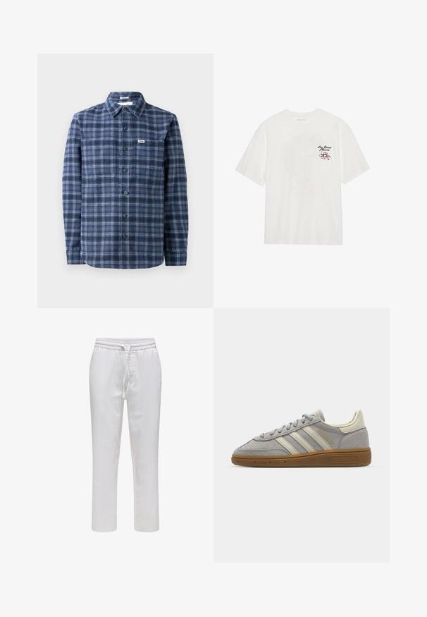 Temno modra karirana srajca s button-up zapenjanjem, izdelana iz tkanine, z klasičnim ovratnikom, dolgimi rokavi in manšetami z dvema gumboma.; Bela bombažna majica s kratkimi rokavi in okroglim ovratnikom, z vezenim cvetličnim vzorcem v roza in črni barvi na levem prsnem delu.; Bela elastična hlače za potegniti z elastičnim pasom in vrvico. Ravna zasnova iz gladkega, lahkega blaga brez vzorcev.; Sive športne copate iz semiša z svetlosivimi usnjenimi črtami in gumijastim podplatom. Značilnosti vključujejo vezalni sistem in subtilno blagovno oznako na jezičku.