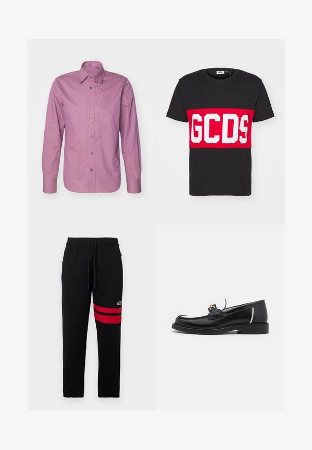 Pikad varrukad heledast roosast kangast, millel on peen geomeetriline muster, koos nööpidega kaelusega ja metallnuppudega.; GCDS BAND LOGO REGULAR - Trükipildiga T-särk - black; Mustade dressipüksid kontrastsete punaste triipude ja logoga külgedel. Omavad elastset vöökohta paelaga ja kitsenevaid pahkluusi.; Must have must kastanaga sääniga, valgete aktsentide ja kuldsete detailidega. Omab tekstuuriga paika ja kuhjatud kontsa.