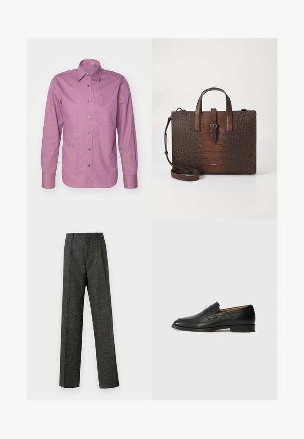 Camisa de manga larga de tela lisa en color rosa claro con un sutil patrón geométrico, que cuenta con un cuello abotonado y botones metálicos.; Pantalones gris ajustados hechos de una tela texturizada, con dos pliegues frontales y un diseño de pierna recta. Sin bolsillos visibles ni adornos.; Mocasín de cuero negro con punta redonda, detalles de costura sutil y un tacón bajo, que presenta una textura suave y un diseño minimalista.; Bolso de mano de cuero marrón con estampado de cocodrilo, con asas superiores y correa de hombro desmontable. Presenta un cierre de hebilla y forma rectangular.