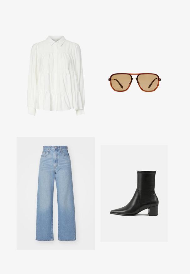 White button-up blouse with a collar, long puff sleeves, and a tiered ruffled hem. Made from soft, lightweight fabric with a smooth texture.; Light blue high-waist wide-leg jeans with front button and zip closure, front and back pockets, on a white background.; Black ankle boot made of smooth leather, featuring a pointed toe, a block heel, and distinct raised stitching at the top edge.; Brown octagonal sunglasses with a transparent amber frame and brown-tinted lenses. Features a metal accent at the bridge and slender temples.