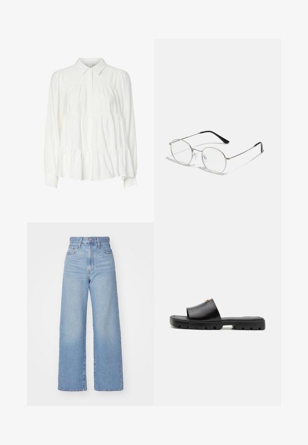 Hvid skjorte med krave, lange puffærmer og en lagdelt flæsekant. Lavet af blødt, let materiale med en glat tekstur.; Lyseblå højtaljede bukser med bred benåbning, med frontknap og lynlås, samt for- og baglommer, på en hvid baggrund.; Sorte mules med en glat, mat læderoverdel og en tyk, tekstureret gummisål. Bemærkelsesværdig guldbeslag på overdelen. Simpelt, åbent design.; Runde metalbriller med en slank sølvramme, klare linser og sorte templer med gummitips for komfort. Minimalistisk design.
