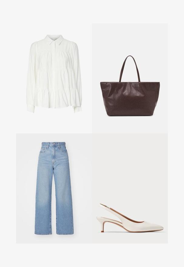 Balta marškinėliai su apykakle, ilgomis pūstomis rankovėmis ir sluoksniuota raukšlėta apatine dalimi. Pagaminta iš švelnaus, lengvo audinio su lygiu paviršiumi.; Šviesiai mėlynos aukšto liemens plačios kojos džinsai su priekiniais užtrauktukais ir sagom, priekinėmis ir galinėmis kišenėmis, ant baltos fono.; Baltos slingback kulniukai su siauru nosiu, lygios odos medžiaga, žemas, masyvus kulnas, be matomų raštų ar puošmenų.; Rudos pintos odinės rankinės su dviem rankenomis, struktūrine forma ir tekstūruotu paviršiumi, kuriame yra deimantiniai raštai.