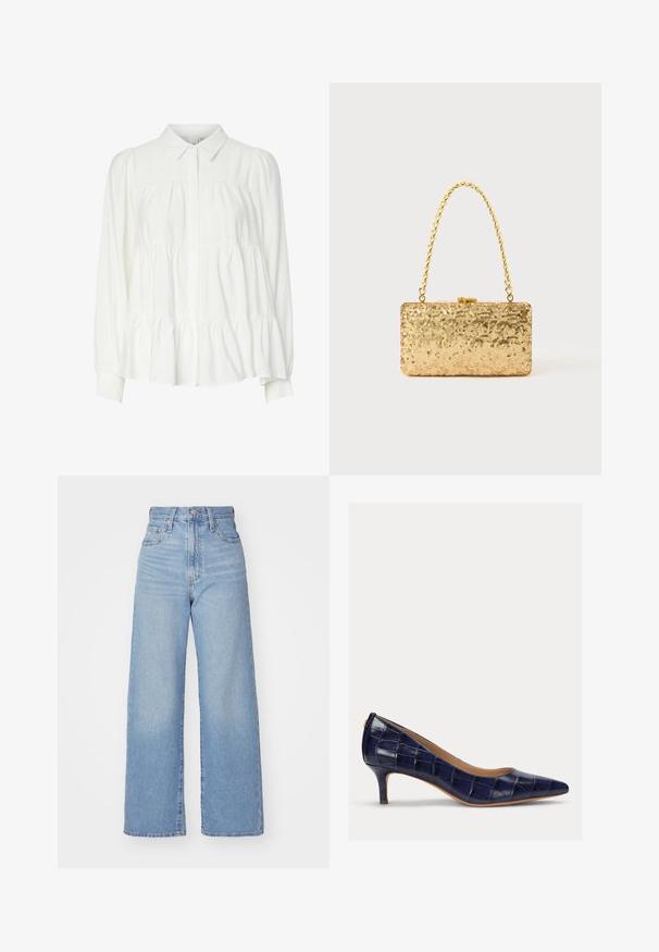 Blusa branca de botão com colarinho, mangas bufantes longas e um nome em camadas com frufrus. Feita de um tecido leve e suave com uma textura lisa.; Jeans de cintura alta e perna larga em azul claro, com fecho frontal de botão e zíper, bolsos frontais e traseiros, sobre um fundo branco.; Shoe de salto alto de verniz azul-marinho, com bico fino e um salto pequeno e estreito. Apresenta uma textura acolchoada e sem detalhes metálicos visíveis.; Clutch dourada em lantejoulas com formato retangular, apresentando uma alça de corrente torcida e um fecho de metal, refletindo a luz com um acabamento texturizado.
