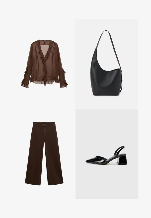 Mango CLAIRE brązowy; Brązowe spodnie o szerokich nogawkach z mieszanki bawełny, z postrzępionym dołem, przednim zapięciem na guzik i klasycznym pięciopocketowym wzorem. Minimalistyczne i uniwersalne.; Czarne lakierowane półbuty na obcasie z wydłużonym noskiem i geometrycznym słupkiem. Charakteryzują się eleganckim, minimalistycznym designem oraz gładką fakturą.; Czarna skórzana torba hobo o gładkiej fakturze, zaokrąglonym kształcie i pojedynczym, regulowanym pasku; posiada szerokie otwarcie na górze.