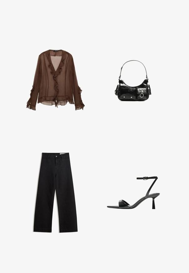 Mango CLAIRE - Bluza - brown; Črne široke denim hlače z visokim pasom, ki imajo sprednje in zadnje žepe, šivane šive ter gumbasto zapiranje. Gladka tekstura.; Bershka Sandali z visoko peto - black; Črna lakasta usnjena torbica s ukrivljeno obliko, enim ramenskim trakom, sprednjimi žepi in srebrnimi kovinskimi dodatki.
