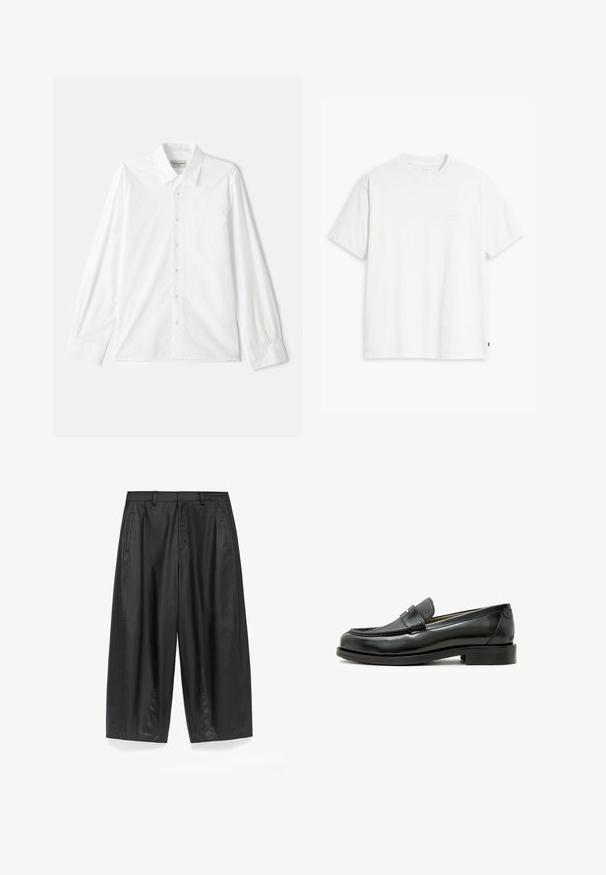 Camicia bianca a maniche lunghe con bottoni, con colletto classico e chiusura a bottoni, realizzata in cotone testurizzato con dettagli cuciti sulle maniche.; T-shirt bianca in cotone con maniche corte, colletto tondo e logo Levi's discreto stampato al centro. Texture morbida e vestibilità standard.; Pantaloni larghi neri realizzati in un tessuto liscio e opaco. Presentano una vita strutturata, pieghe frontali e tasche laterali.; Mocassino in pelle nera con un accento in pelle nera texture, punta arrotondata e tacco basso a blocco; presenta un dettaglio metallico decorativo.