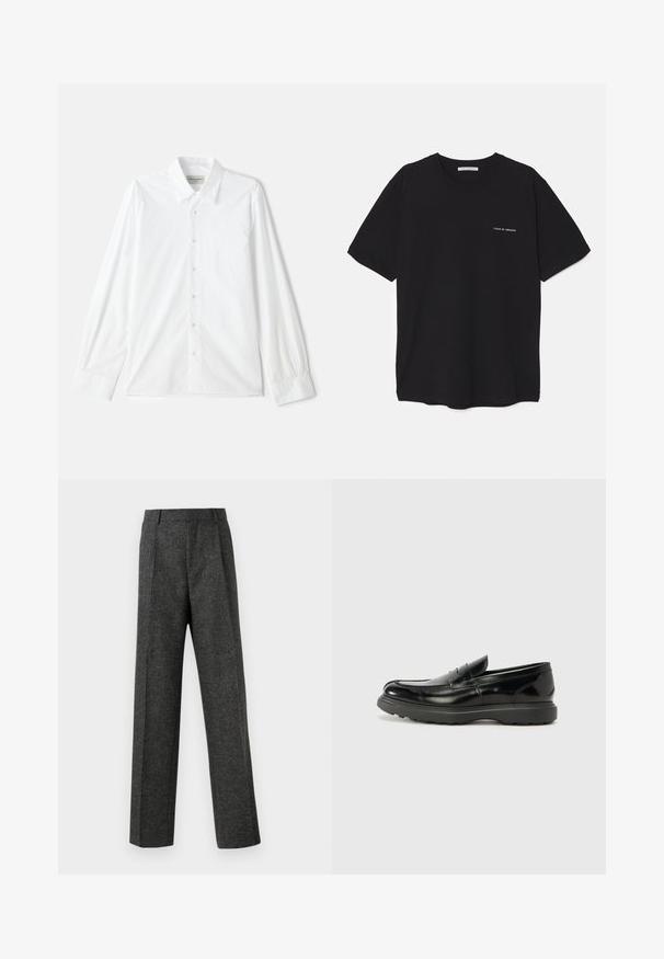 Bela dolga srajca z gumbi, klasičnega ovratnika in z gumbnim zapiranjem, izdelana iz teksturiranega bombaža s šivenjem na rokavih.; Črna bombažna majica s kratkimi rokavi in okroglim ovratnikom, z belim logotipom natisnjenim na levi prsni strani. Preprost, enobarven dizajn.; Sive krojene hlače iz teksturirane tkanine, ki imajo dva sprednja nabora in ravno kroj. Brez vidnih žepov ali okrasnih elementov.; Črne usnjene loafer čevlje z sijajno obdelavo, okroglo špico, subtilnimi šivi in debelim gumijastim podplatom za trajnost.