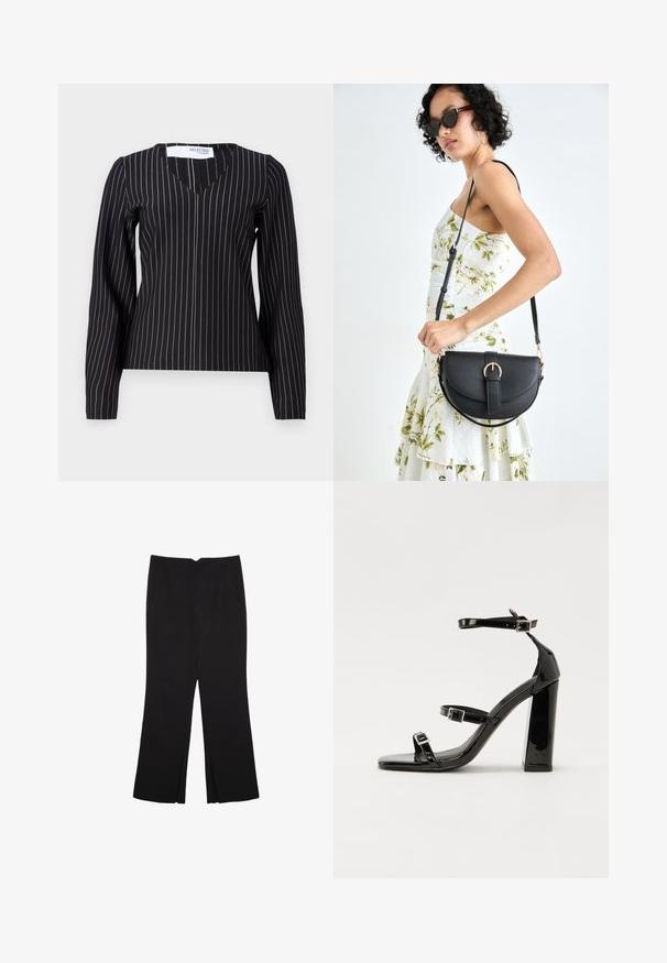 Schwarzes Langarmoberteil mit V-Ausschnitt, das vertikale Nadelstreifen in Weiß und Hellgrau aufweist. Hergestellt aus einem glatten, figurbetonten Stoff.; Schwarze Hose mit geradem Schnitt, ausgestattet mit Fronttaschen und Seitenschlitzen am Saum. Hergestellt aus weichem, glattem Stoff. Geeignet für verschiedene Anlässe.; Schwarze patentierte Sandalen mit Absatz, quadratischer Spitze, Knöchelriemen und silbernen Schnallen. Mit einem stabilen Blockabsatz für mehr Stabilität.; Schwarze Lederhandtasche mit geschwungener Form, abnehmbarem Tragegurt und goldenen Beschlägen. Die Tasche verfügt über einen Deckel mit einer Schnallen-Details.