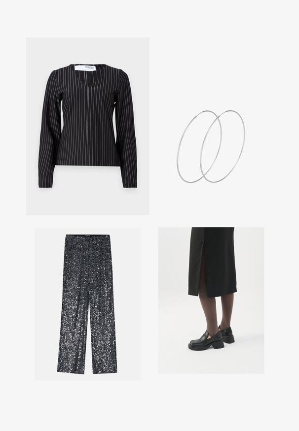 Mustaga pikkade varrukatega pluus V-kaelusega, millel on vertikaalsed valged ja heledate hallide triibud. Valmistatud siledast ja vormivast kangast.; Musthave mustriga palazzo püksid, millel on laiad sääred ja elastne vöökoht, silmapaistva läikiva ja tekstureeritud pinnaga, mis peegeldab valgust.; Mustad mustad jalatsid ümmarguse varbaga, paksu plokkniidi ja elastsete külgdetailidega, kombineeritud tumedate sukkade ja musta lõhikuga seelikuga.; Hõbedased rõngastikkaehingad minimalistlikus disainis. Ümar kuju, sile tekstuur ja õhuke profiil. Kerged ning poleeritud viimistlusega.