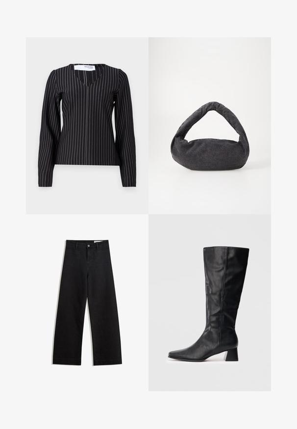 Top negru cu mânecă lungă și decolteu în V, având dungi verticale în alb și gri deschis. Confecționat dintr-un material neted, ajustat.; Pantaloni din denim negri cu picioare largi, cu talie înaltă, având buzunare frontale și posterioare, cusături dublate și închidere cu nasture. Textură netedă.; Boot din piele neagră, până la jumătatea gambei, cu vârf ascuțit și toc pătrat, pe un fundal luminos simplu.; Geantă din țesătură gri închis, cu un mâner curbat, cu o textură moale și o formă rotunjită. Fără hardware sau embellishments vizibile.