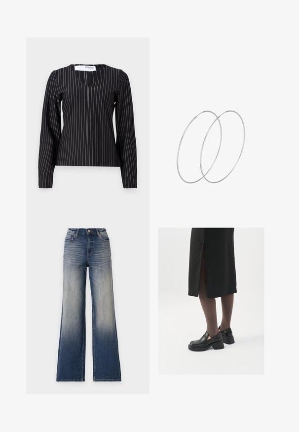 Crna majica s dugim rukavima i V-izrezom, s okomitim prugama u bijeloj i svijetlosivoj boji. Izrađena je od glatkog, pripijenog materijala.; Visoke traperice širokih nogavica od svijetloplavog do tamnoplavog denima s izbljeđenim dijelovima, koje imaju kopčanje na dugme i omče za remen. Čist rub i bez vidljivih ukrasa.; Crne kožne cipele s zaobljenim vrhom, debelim blok petama i elastičnim bočnim detaljima, uparene s tamnim čarapama i crnom suknjom s prorezom.; Srebrne okrugle naušnice s minimalističkim dizajnom. Kružni oblik, glatka tekstura i tanak profil. Lagane s poliranim završetkom.