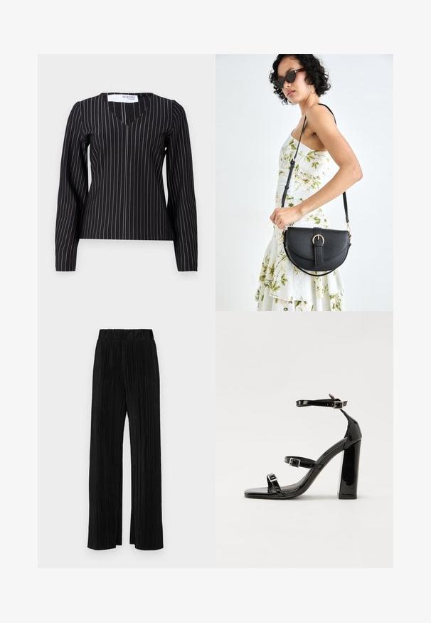 Črna dolgoročna majica s V-izrezom, ki ima vertikalne črte v beli in svetlo sivi barvi. Narejena je iz gladkega, prilegajočega se materiala.; Črne plisirane hlače z elastičnim pasom. Imajo široke noge in gladko, teksturirano tkanino z navpičnimi črtami.; Črne lakaste sandale z visokimi petami, z dvema trakovoma z zaponkama, kvadratnim sprednjim delom in masivno širšo peto, z gladko, sijočo teksturo.; Črna usnjena torbica s ukrivljeno obliko, z odstranljivo naramnico in zlatimi dodatki. Torbica ima pokrov s podrobnostmi v obliki zaponke.