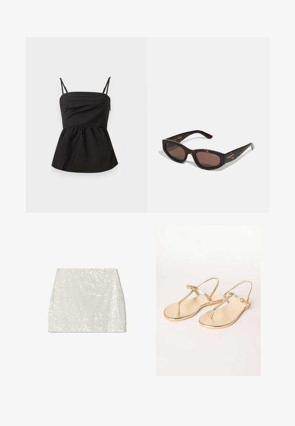 Top peplum nero con spalline regolabili, texture morbida, corpetto aderente, fondo svasato e senza hardware visibile.; Bershka Gonna a campana - white; Friends Like These REGULAR FIT - TOE THONG FIT - Infradito - gold; Occhiali da sole tartarugati marroni con forma rettangolare, lenti marroni scure e brandizzazione "vogue" in oro sulle aste.; Borsa a spalla in metallo dorato con forma curvata, texture liscia, tracolla piatta e dettaglio decorativo con fibbia sul davanti.; Bracciale in tonalità oro con un esterno liscio e un interno texturizzato. Presenta un design ampio e arrotondato con un'apertura su un lato.