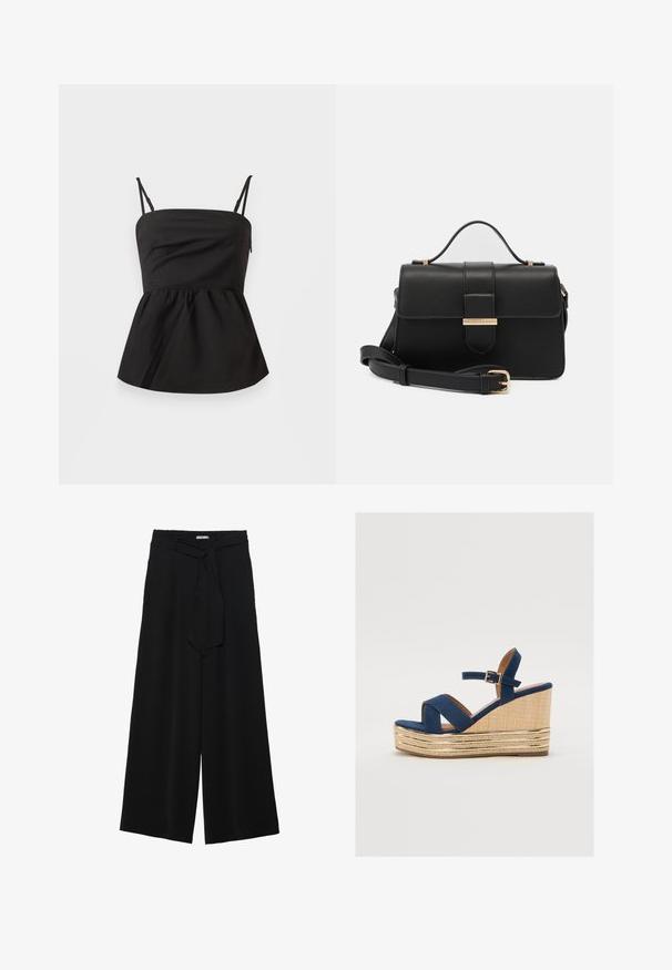 Black peplum top with adjustable spaghetti straps, smooth texture, fitted bodice, flared bottom, and no visible hardware.; Black wide-leg pants featuring a textured fabric, an elastic waistband, and a detachable sash tie at the waist for adjustable fit.; Navy blue wedge sandal with crossed straps, a textured natural fiber platform, and a gold metallic accent on the base.; Black leather handbag with gold metal accents, rectangular shape, flap closure, adjustable shoulder strap, smooth texture, minimal design.