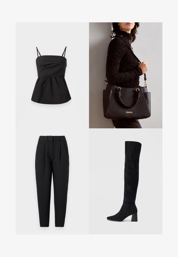 Black peplum top with adjustable spaghetti straps, smooth texture, fitted bodice, flared bottom, and no visible hardware.; Black trousers with a straight fit, featuring pleats at the front, a smooth texture, and side pockets. The waistband is standard height.; Black suede knee-high boot with block heel, pointed toe, and smooth, seamless design on a plain light background.; Black handbag with textured surface, dual top handles, and adjustable shoulder strap. Features gold-tone hardware and side pockets.