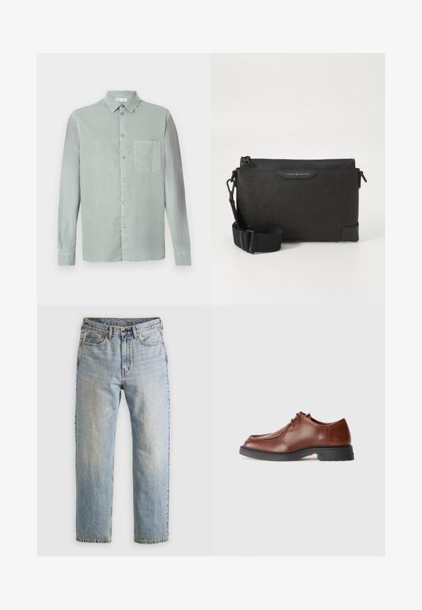 Lichtgroene overhemd met lange mouwen, een kraag met knopen, een borstas en een iets gestructureerde stof. Voorzien van bijpassende knopen.; Lichtblauwe denim jeans met hoge taille, frontknop, rits en vijfzakkenontwerp, plat gelegd op een neutrale achtergrond.; Bruine leren dresschoen met een ronde neus, contrasterende stiksels, vetersluiting en een gestructureerde zwarte rubberen zool.; Zwarte leren schoudertas met een getextureerd oppervlak, voorzien van een ritssluiting en een verstelbare schouderband. Logo label aan de voorkant. Rectangulaire vorm.