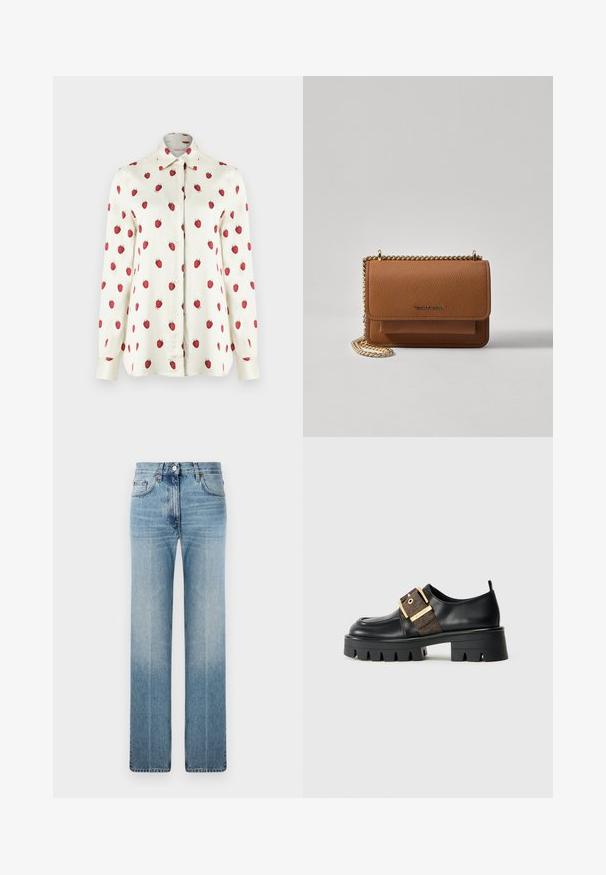 Biele košeľové tričko s potlačou jahôd v červenej farbe. Dlhé rukávy, klasický golier a hladká tkanina s jemnou textúrou.; Svetlomodré rovné džínsy vyrobené z denimu, s jemným vyblednutím, klasickým dizajnom piatich vreciek a kovovým zapínaním na gombík v páse.; Čierna kožená topánka s hrubou podrážkou, s pozláteným prackovým pásikom a textúrovaným hnedým akcentom. Zaoblený špička a minimalistický dizajn.; Hnedá textúrovaná kožená taška cez telo s zlatým reťazovým popruhom a preklopným uzáverom. Predná strana obsahuje detail s logom a vrecko pod preklopkou.