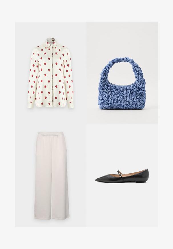 Fehér gombos ing, piros epermintával. Hosszú ujjú, klasszikus gallérral, sima anyagból, puha tapintással.; Világos bézs, bő szárú nadrág rugalmas derékkal. Sima anyag, teljes hosszúságú, látható díszítések vagy minták nélkül.; Fekete bőr balettlapok hegyes orral és oldalsó pánttal, amelyen egy kör alakú arany dísz található. Könnyű, lapos talpú.; Kék szövet táska, gyűrt textúrával és vastag, fodros fogantyúval. Finom csíkos minták díszítik. Kompakt, téglalap alakú.