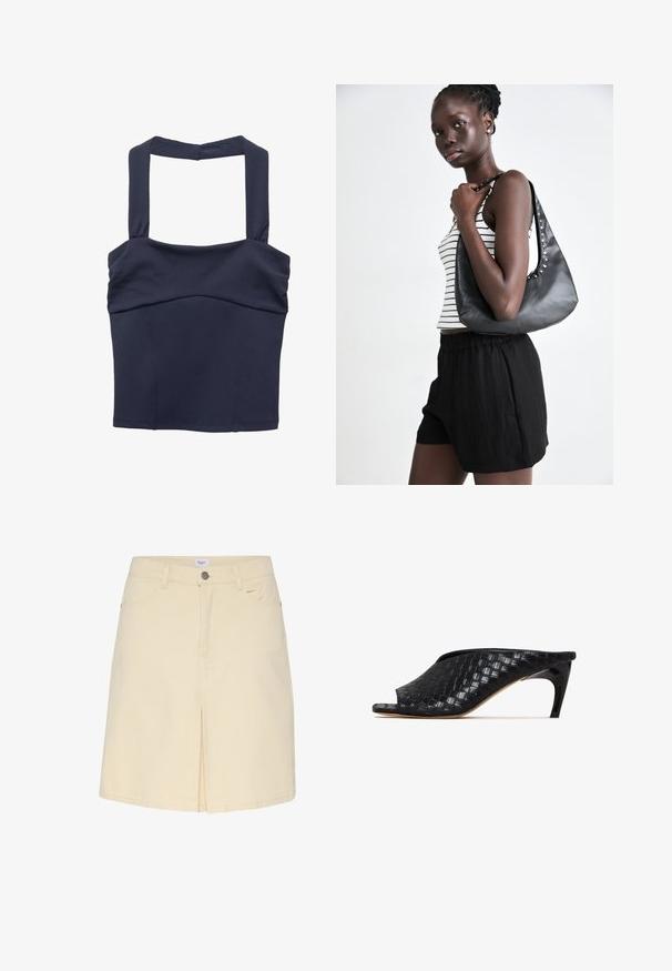 Top scurt de culoare bleu marin, cu bretele groase și o textură netedă; prezintă un corset ajustat și cute subtile la nivelul bustului.; Fustă din denim bej deschis, cu o despicătură frontală, talie standard și design clasic cu cinci buzunare. Textură netedă și stil minimal.; Muli negri împletite cu vârf deschis și un toc elegant, curbat. Materialul are un finisaj lucios, cu un model texturat, în carouri.; Geantă din piele neagră cu o formă curbată, cu ținte argintii pe cusătură. Modelul poartă un top cu dungi și pantaloni scurți negri.