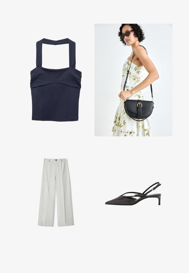 Tamno plava skraćena majica s debelim trakama i glatkom teksturom; ima usku siluetu i suptilno nabrane detalje na bustu.; Svijetlosive hlače širokih nogavica napravljene od teksturirane tkanine, s kopčanjem na dugme i dva nabora sprijeda za dodatni detalj.; Crni kožni slingback pump s oštrom čarapom, uskim remenima oko gležnja i niskim stiletto potplatom. Glatka tekstura s minimalističkim dizajnom.; Crna kožna torba s lukovitim oblikom, odvojivim remenom i zlatnim detaljima. Torba ima preklop s kopčom.