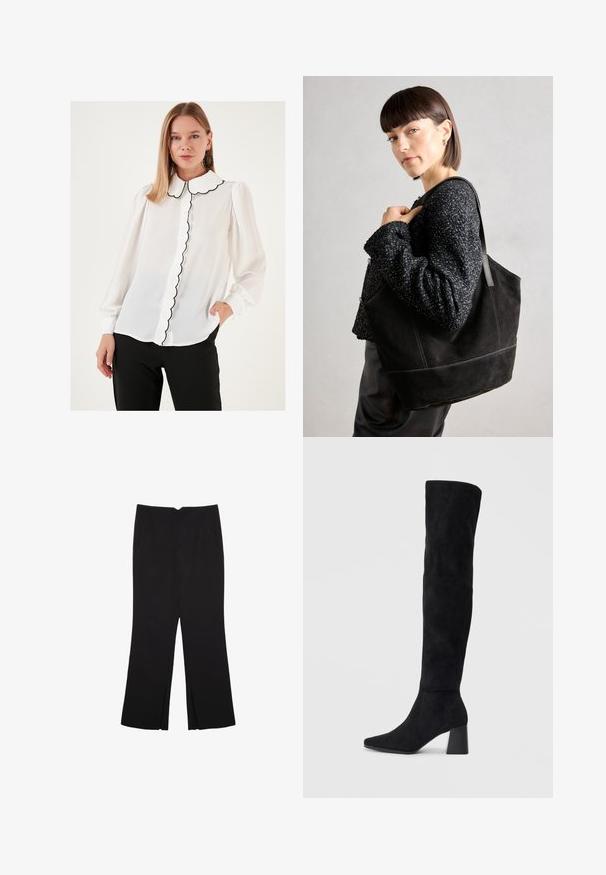 Biela blúzka s vlnitým golierom, s čiernym lemovaním a gombíkovým zapínaním vpredu. Dlhé rukávy s elastickými manžetami, vyrobená z priesvitného materiálu.; Čierne nohavice so strihom rovného strihu, s prednými vreckami a bočnými rozparkami na leme. Vyrobené z mäkkej, hladkej tkaniny. Vhodné na rôzne príležitosti.; Čierna semišová kozačka po kolená s blokovým podpätkom, špicatou špičkou a hladkým, bezšvovým dizajnom na jednoduchom svetlom pozadí.; Čierna semišová taška so hladkou textúrou, štruktúrovaným tvarom a kontrastným šitím. Obsahuje dlhé popruhy na nosenie na ramene.