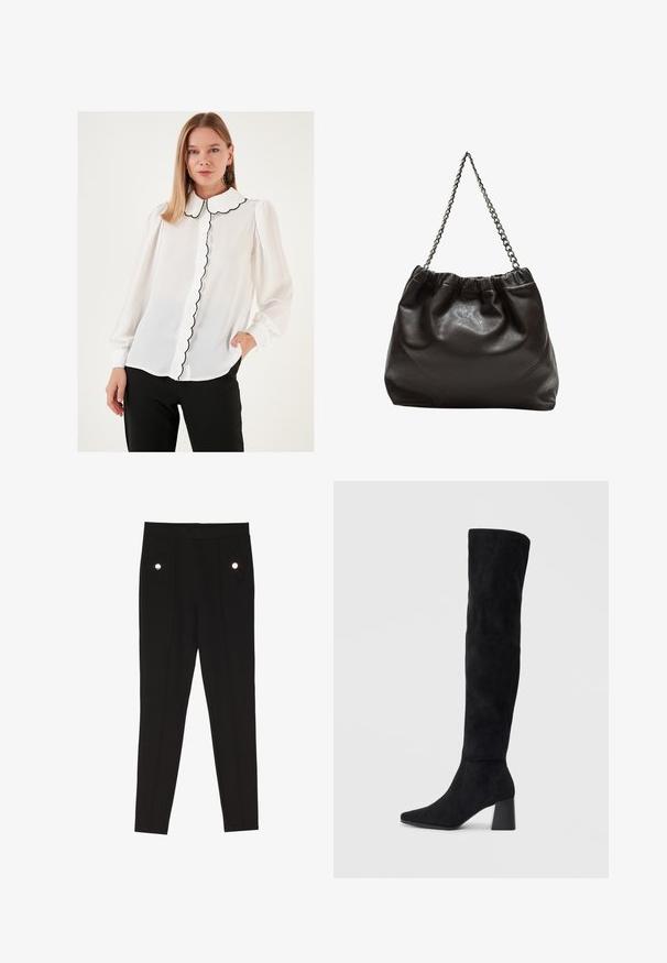 Weiße Bluse mit einem gewellten Kragen, ausgestattet mit einem schwarzen Saum und einer Knopfleiste. Lange Ärmel mit elastischen Bündchen, aus einem transparenten Material gefertigt.; Schwarze maßgeschneiderte Hosen mit einer glatten Textur, ausgestattet mit zwei vorderen Taschen mit dekorativen Hardware-Akzenten und einem Slim-Fit-Design.; Schwarze Wildleder-Stiefel bis zum Knie mit Blockabsatz, spitzer Zehe und glattem, nahtlosem Design auf einem schlichten, hellen Hintergrund.; Braune Lederhandtasche mit gerafftem Oberteil und Kettenriemen. Glatte Textur mit glänzendem Finish und subtilen Nahtdetails an den Seiten.